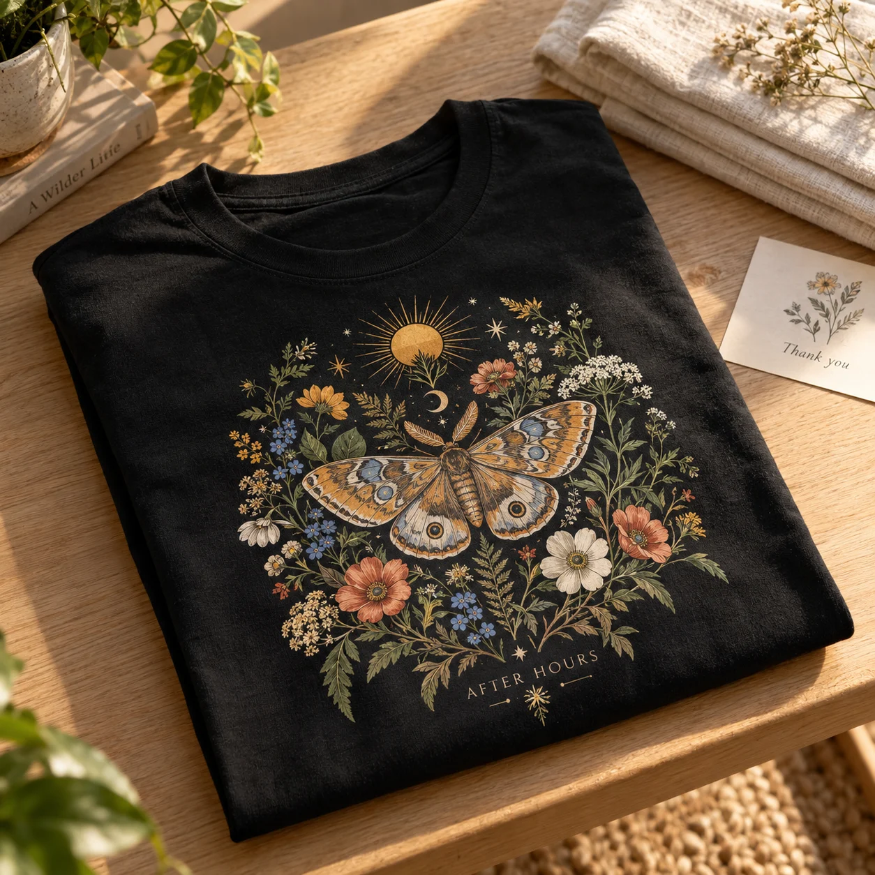 A black tee with a detailed full-colour moth and wildflower DTF print on an oak bench
