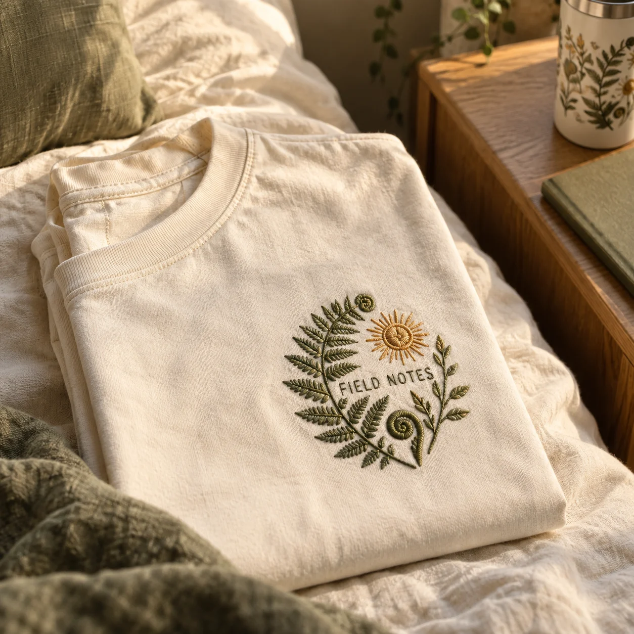 A cream tee with a raised olive and gold fern embroidery, folded on a linen bed