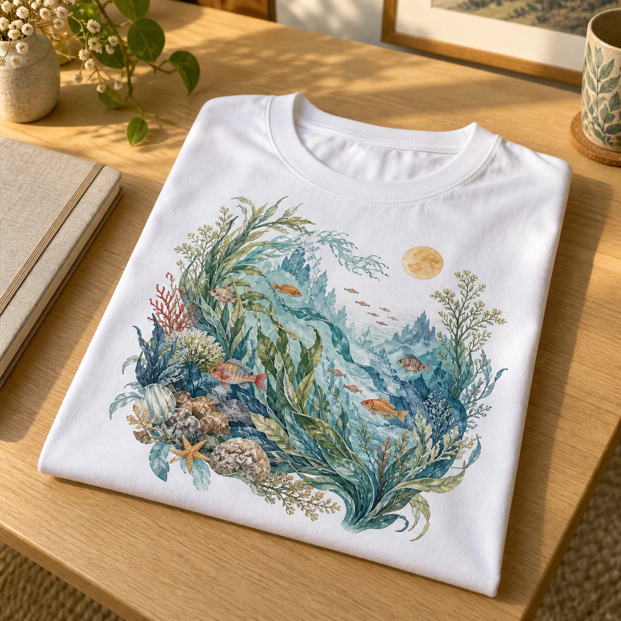 A white tee with a flowing blue and green underwater illustration dyed into the fabric, folded on an oak desk