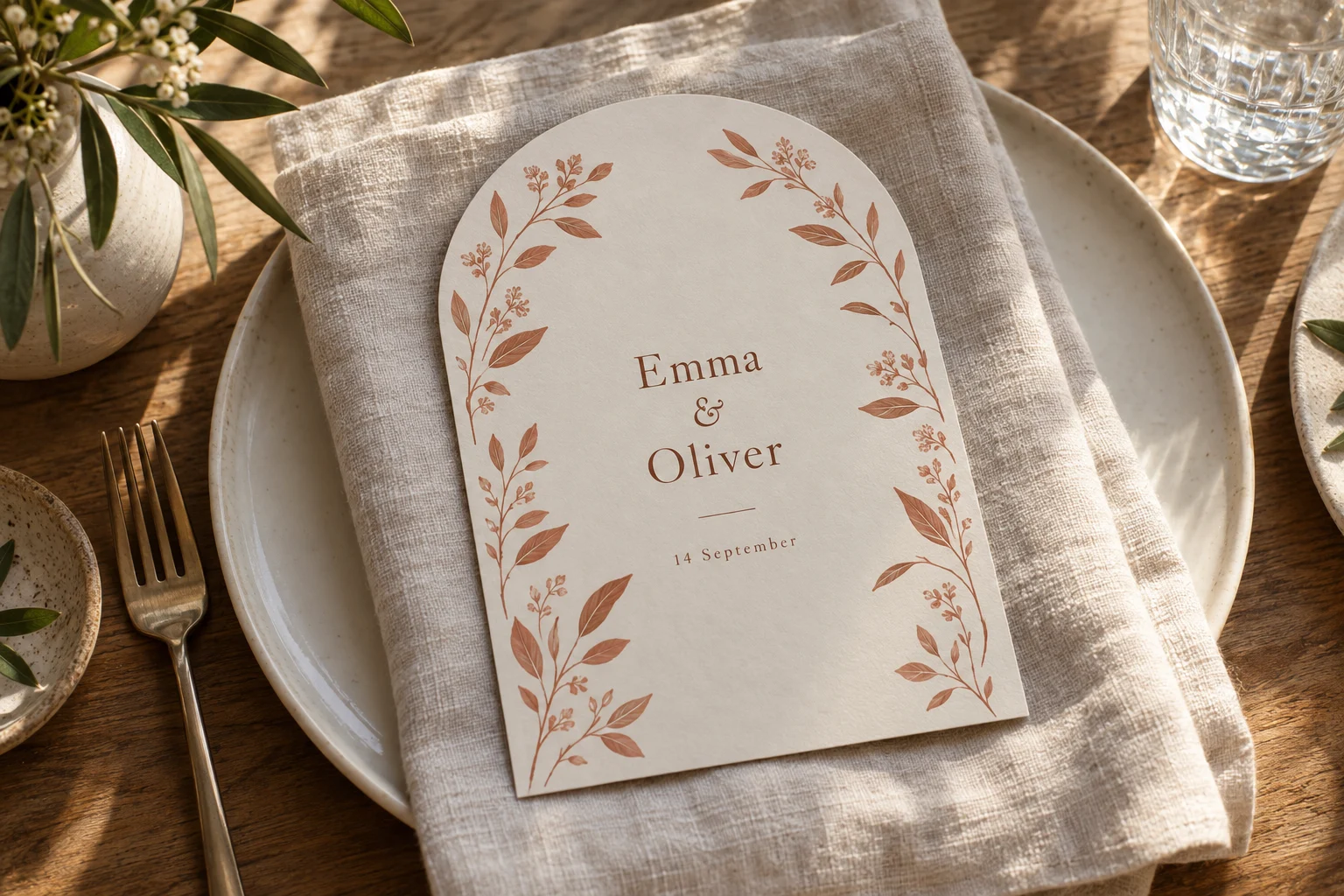 An arched wedding invitation with terracotta branches on a linen table setting