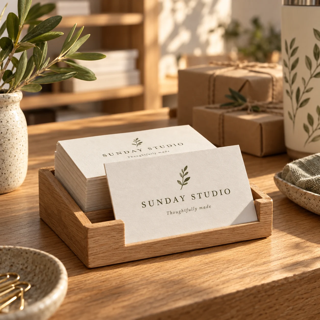 Sunday Studio business cards in a low oak tray on a warm studio counter