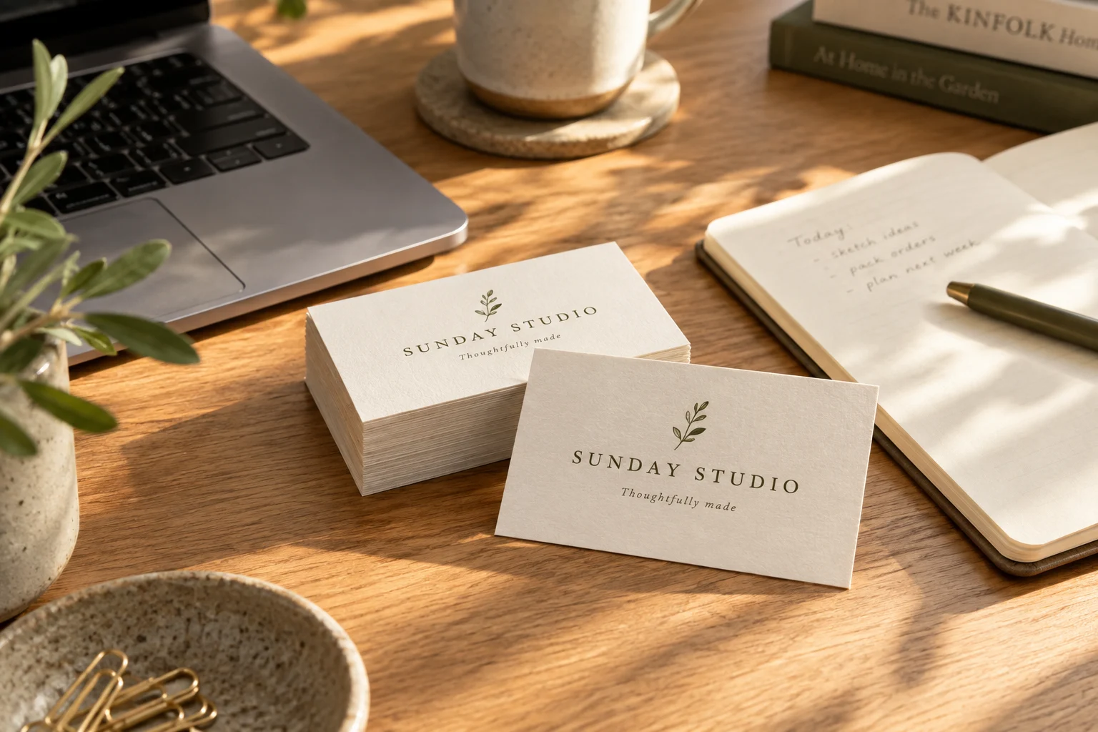 Cream Sunday Studio business cards on an oak desk beside a notebook, laptop and coffee
