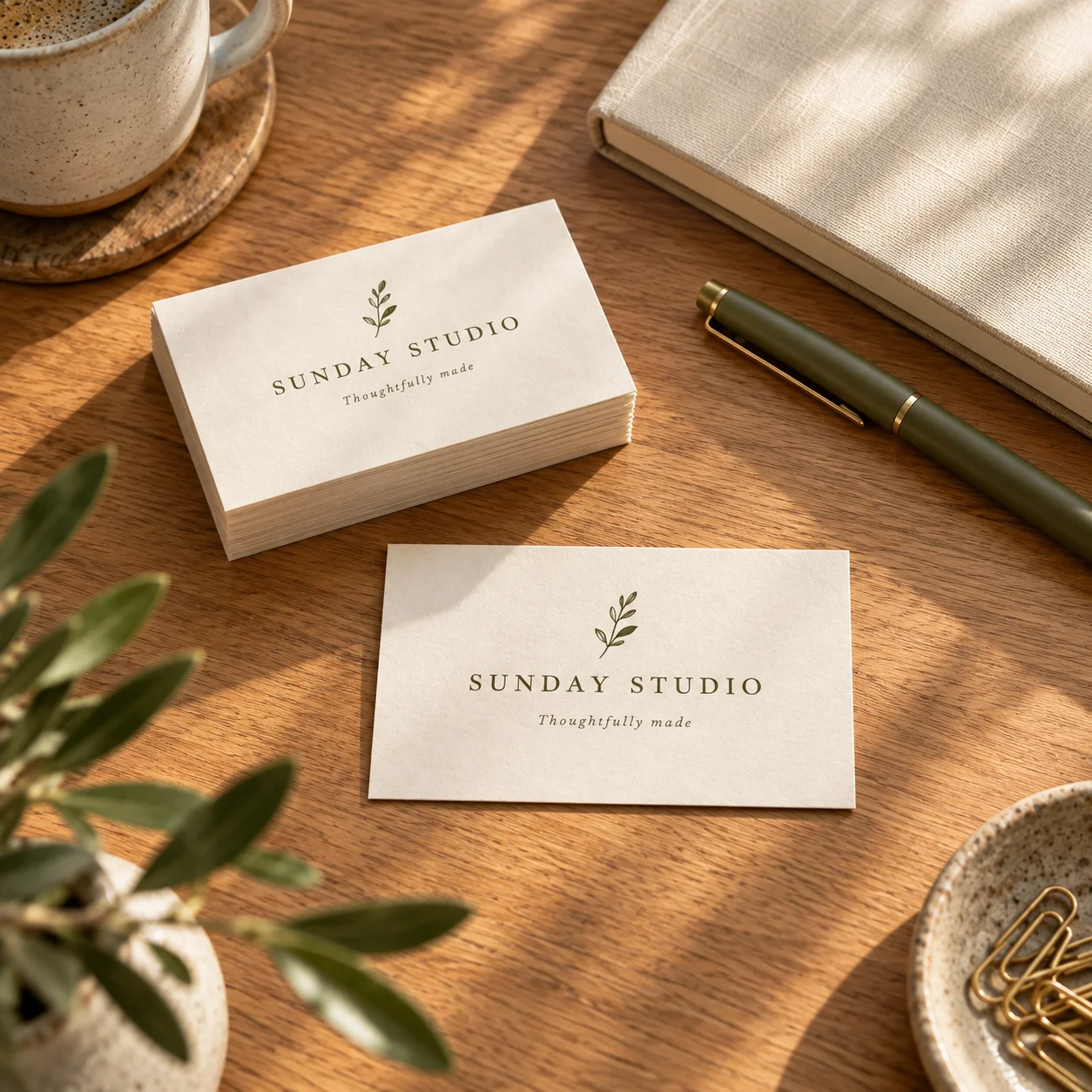 An overhead view of cream Sunday Studio business cards on an oak desk with a closed notebook