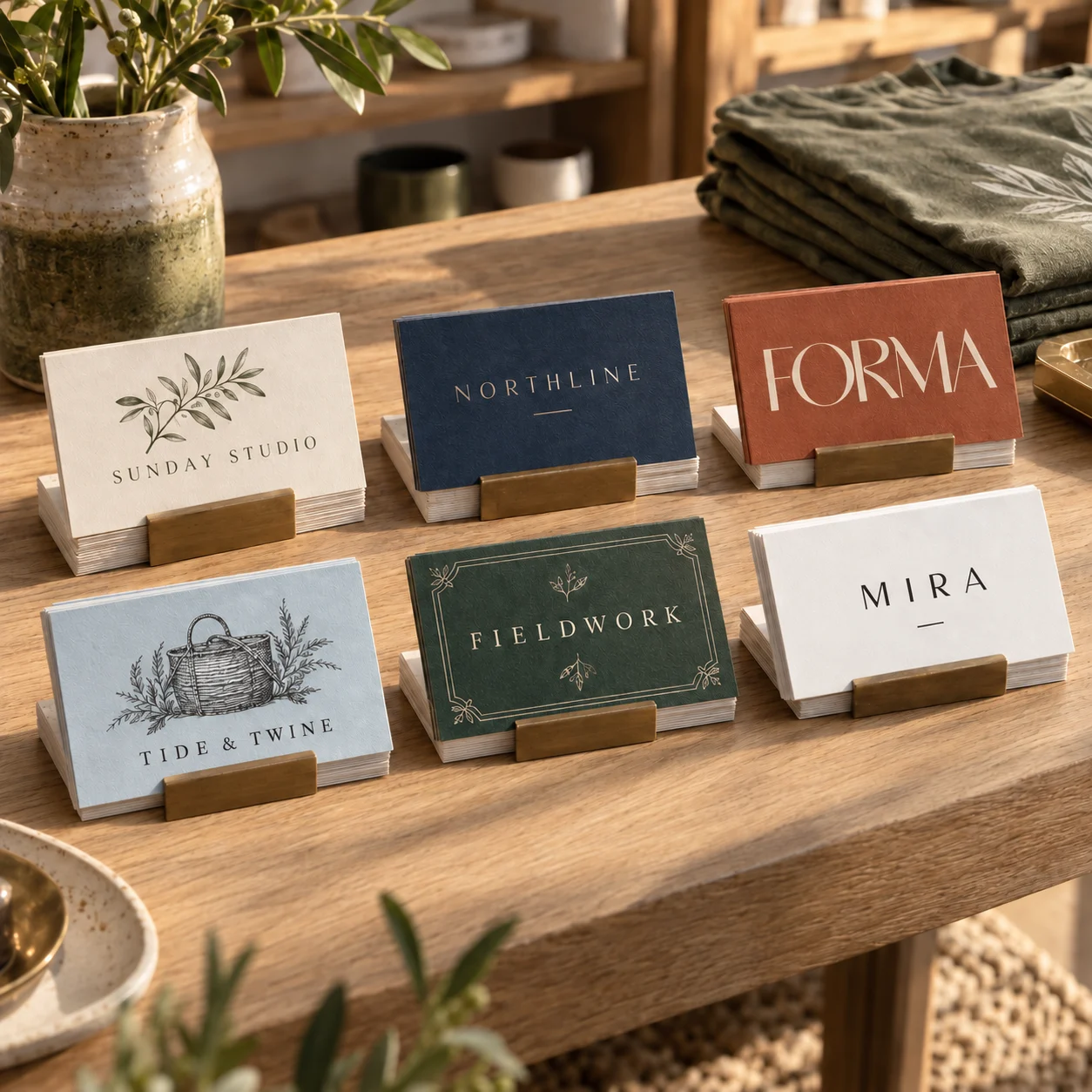 Six business-card designs, from botanical and illustrated to bold and minimal, displayed together on a sunlit oak shop table