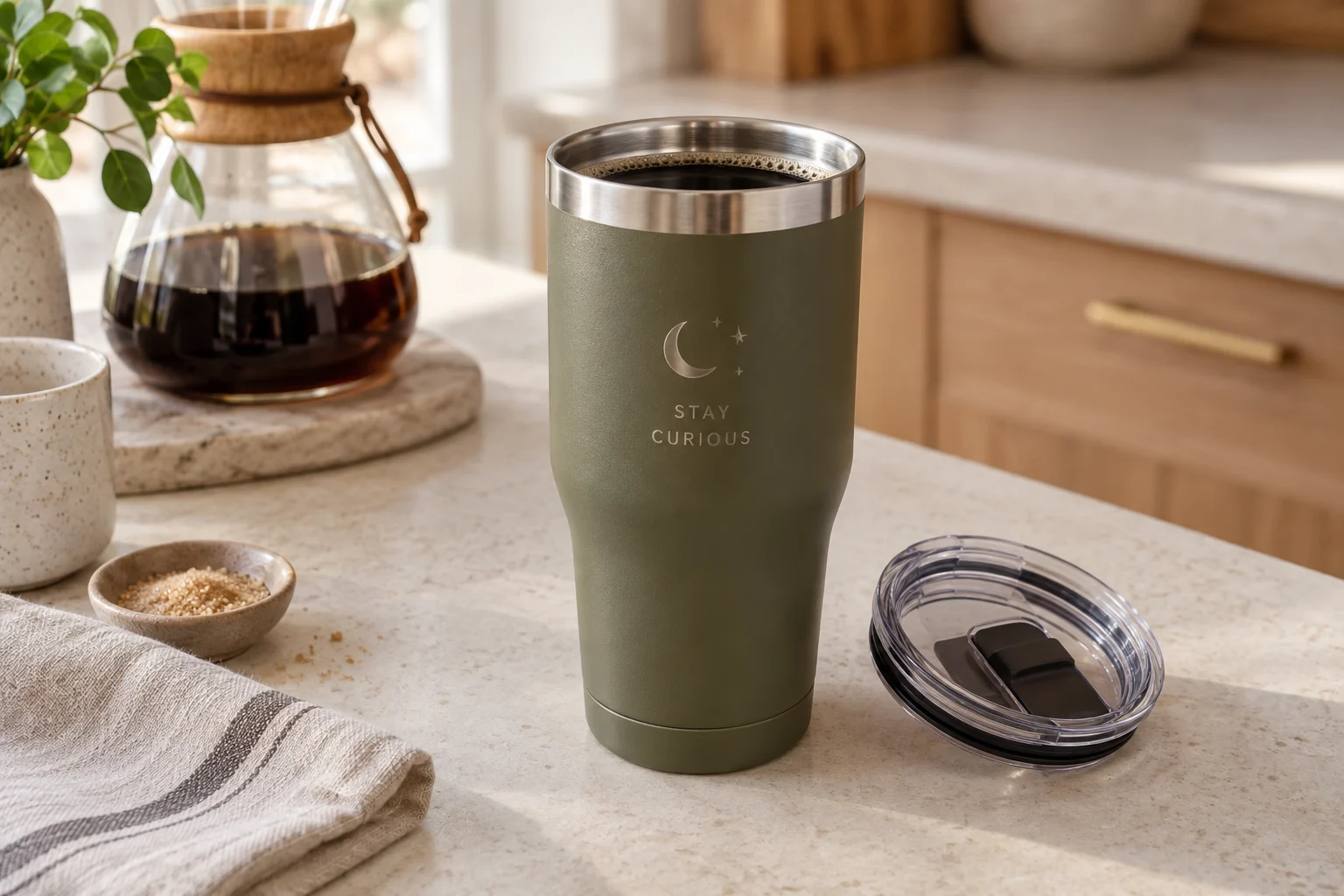 An olive travel tumbler filled with coffee on a kitchen counter, its clear lid beside it