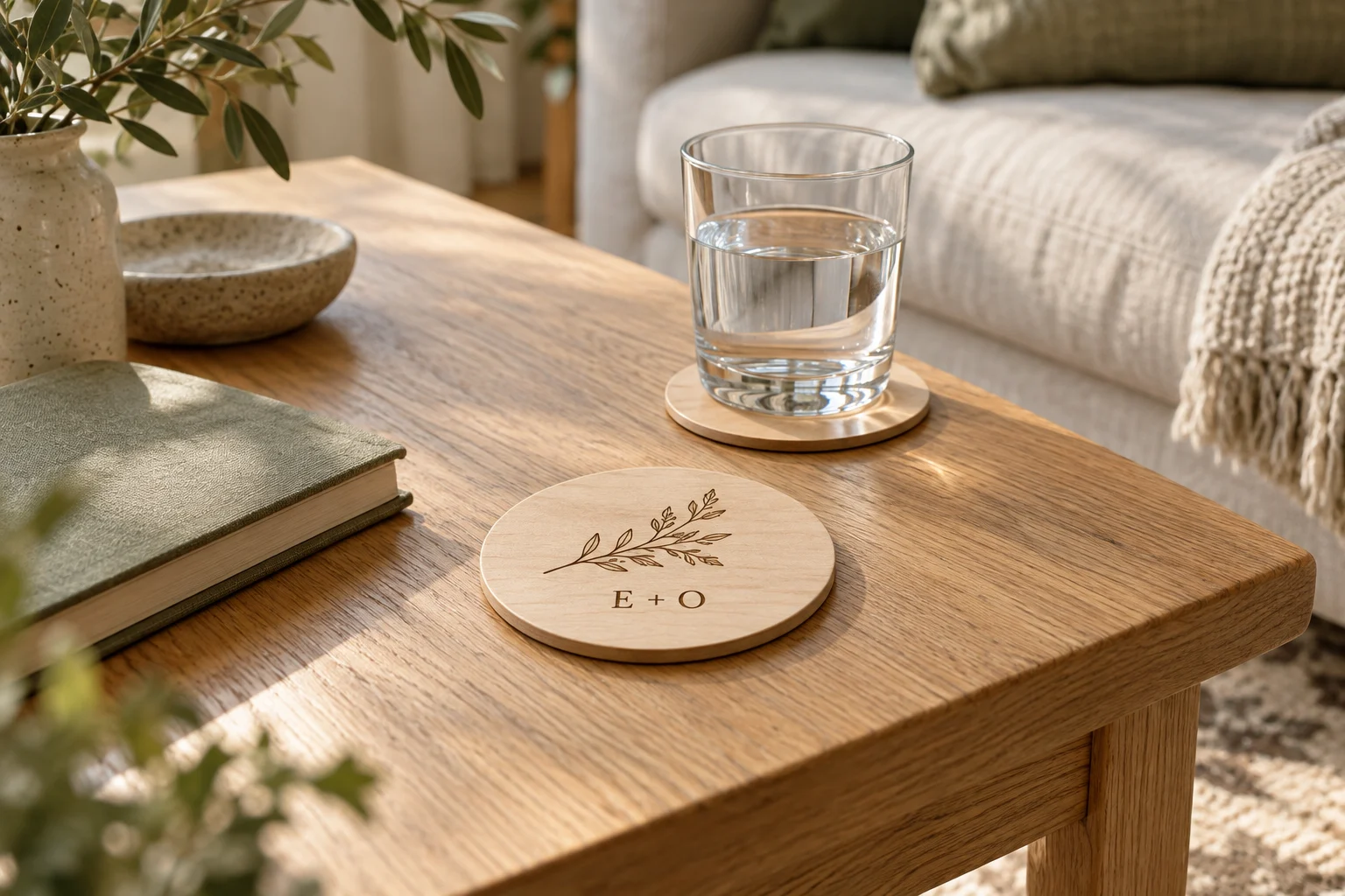 Engraved wooden coasters on a white-oak coffee table beside a notebook and glass of water