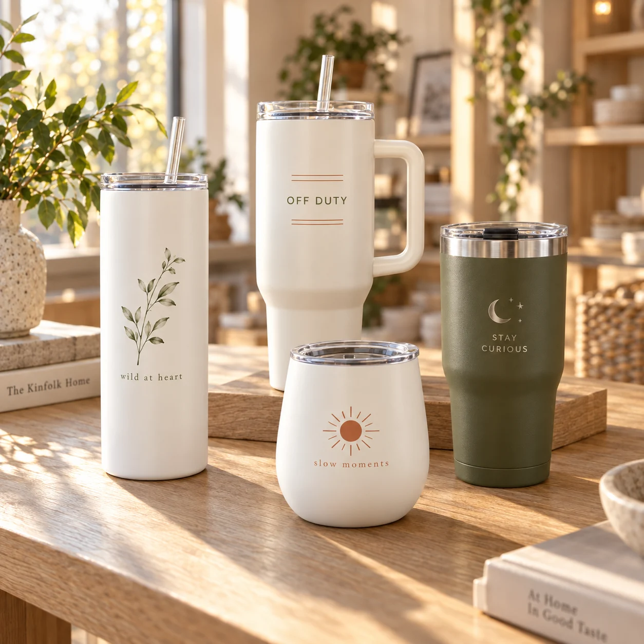 Four differently decorated tumblers — skinny, handled, travel and stemless — displayed together on a white-oak table in a boutique shop at golden hour