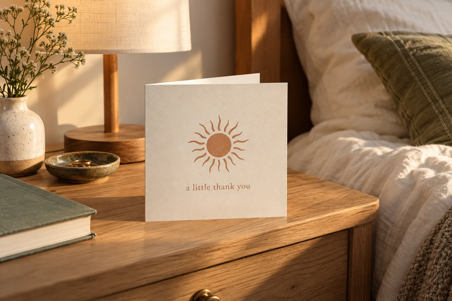 A square thank-you card with a terracotta sun on a bedside table in warm lamplight