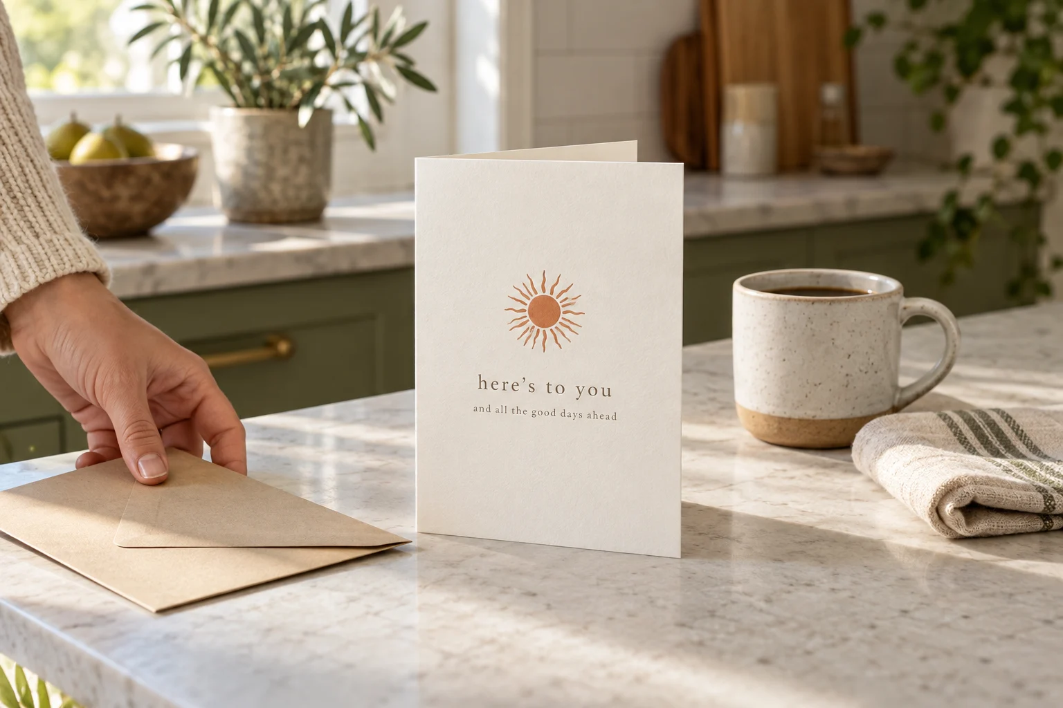 A sun-illustrated folded greeting card beside coffee and a hand setting down an envelope on a kitchen counter