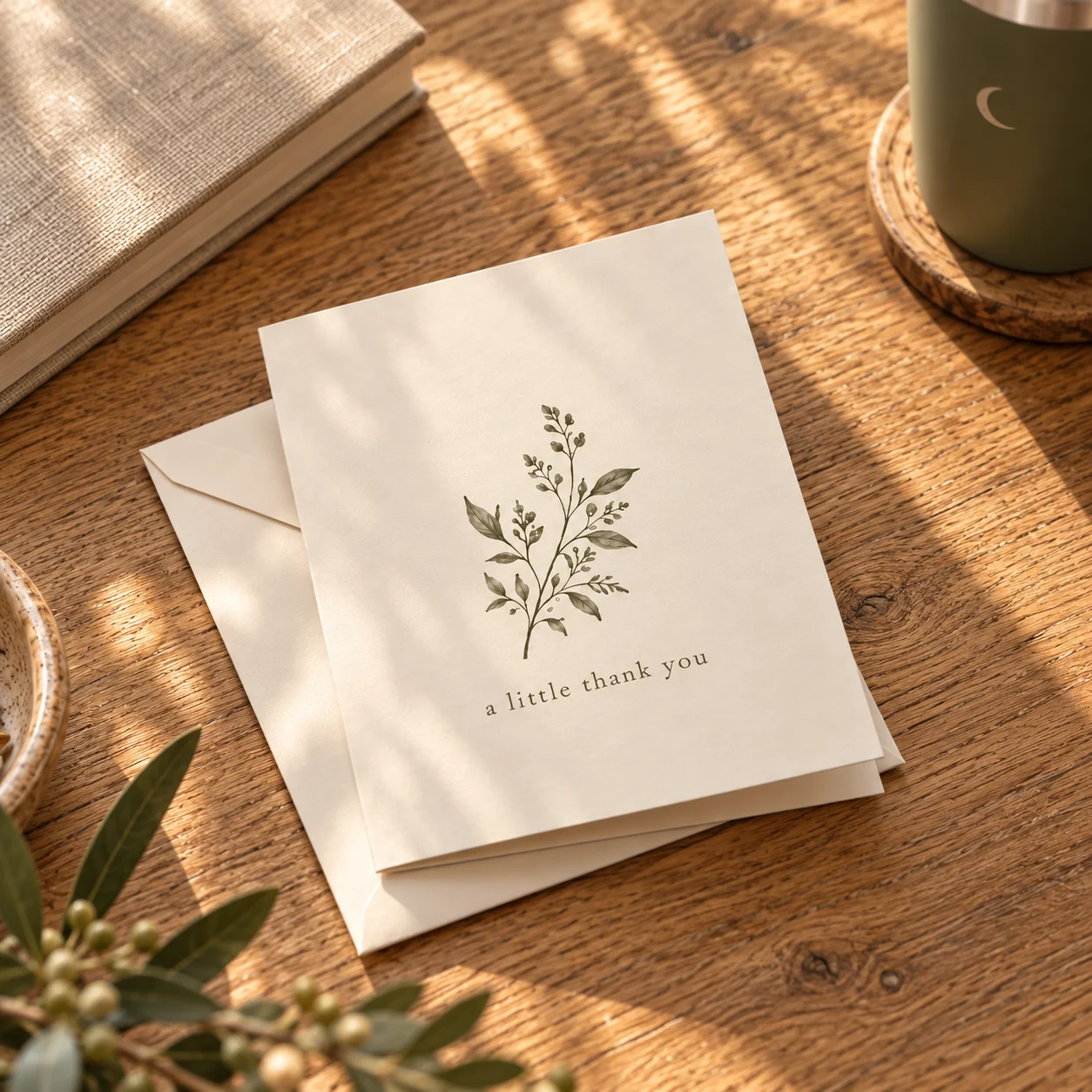 An overhead view of a botanical thank-you card on its envelope beside a linen notebook