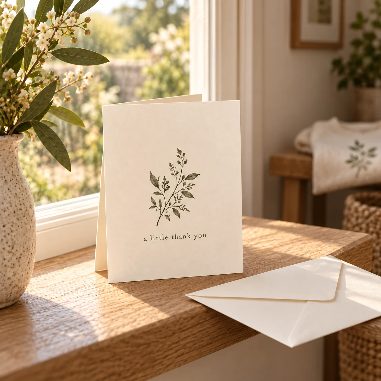 A botanical thank-you card standing on an oak window ledge with its envelope and a folded tee in the background