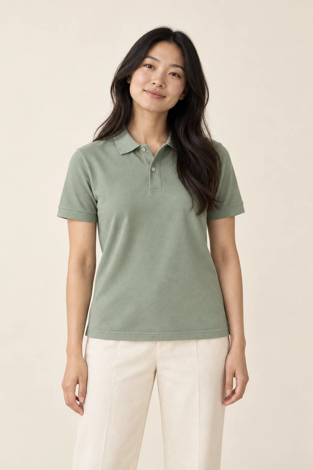 A model wearing a sage Premium Pique polo, front view