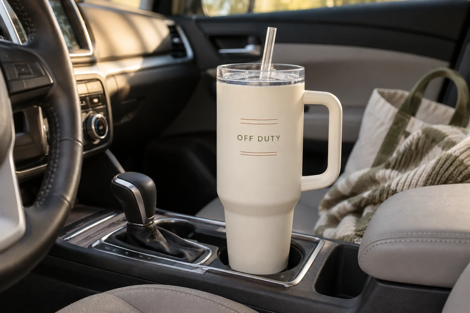 An ivory handled tumbler with OFF DUTY lettering in a parked car’s cupholder