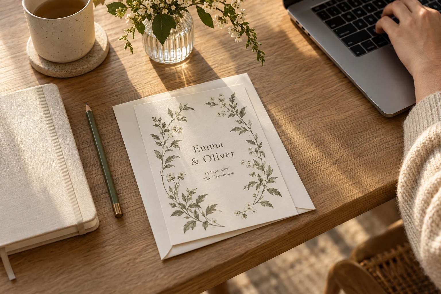 A botanical wedding invitation beside a notebook and someone working at a laptop in afternoon sunlight