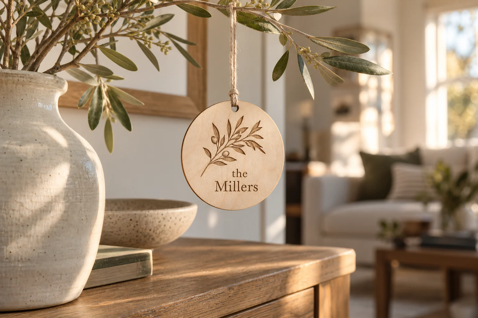 A personalised wooden ornament hanging from an olive branch on a console in a sunlit living room