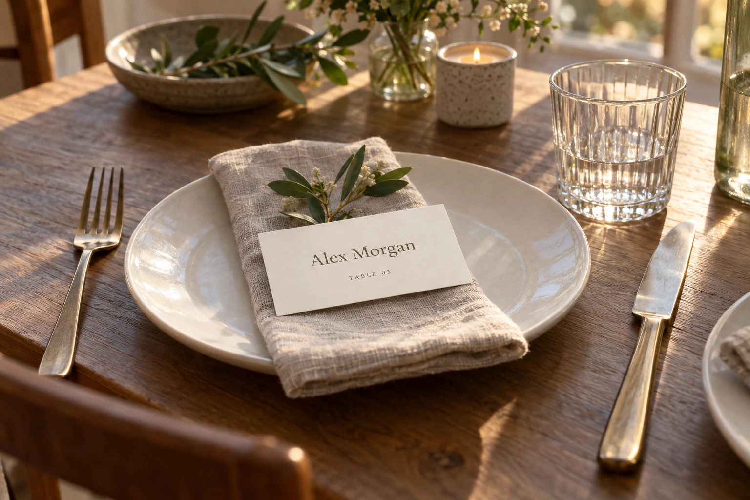 An ivory Alex Morgan place card on a linen napkin at a sunlit dinner table