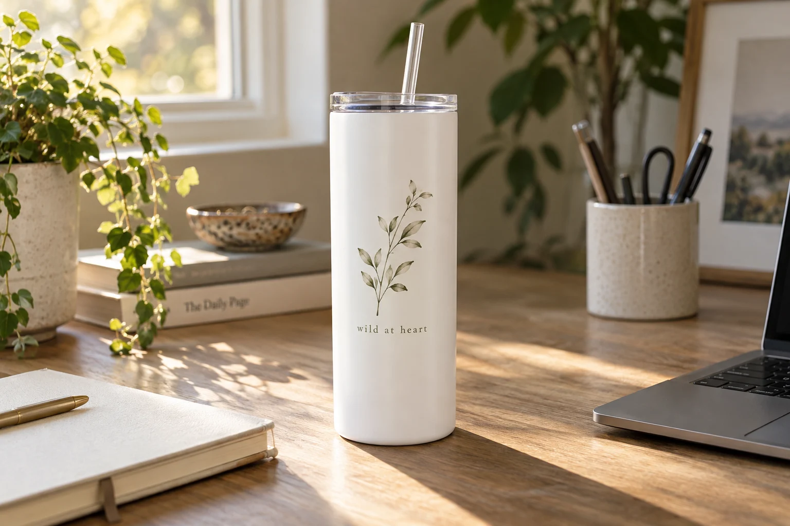 A white botanical tumbler beside a notebook and laptop on a sunlit oak desk