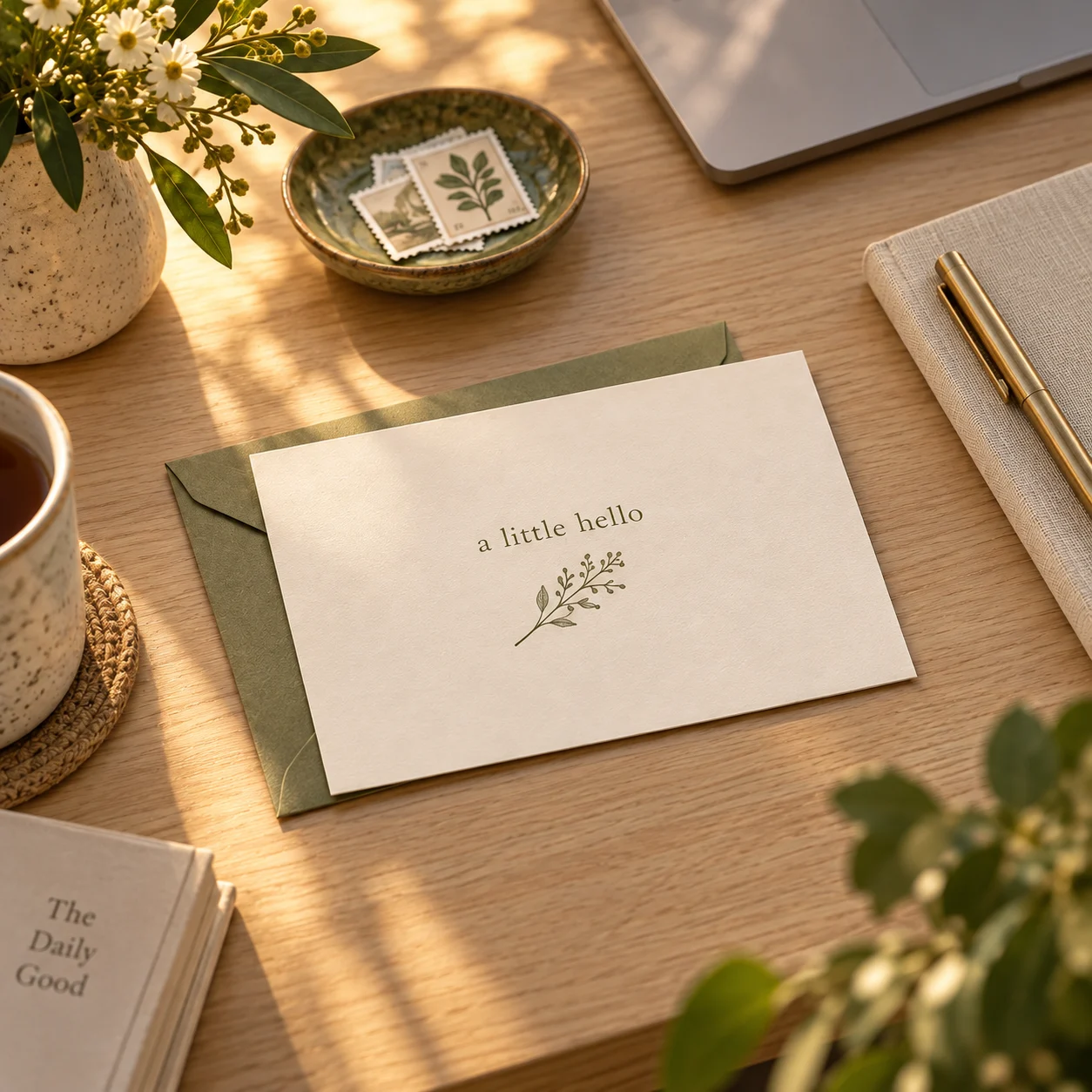 A flat little-hello correspondence card on an olive envelope at a sunlit oak desk