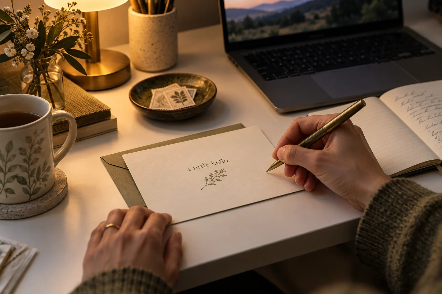Someone writing a little hello on a correspondence card beside their laptop and notebook at a softly lit white desk