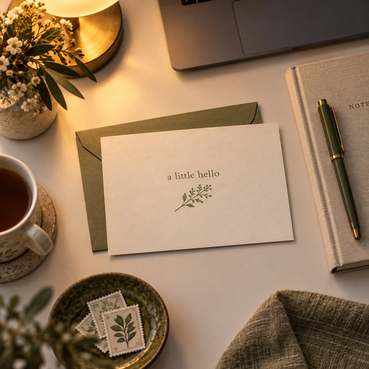 An overhead view of a flat correspondence card and olive envelope on a softly lit evening desk