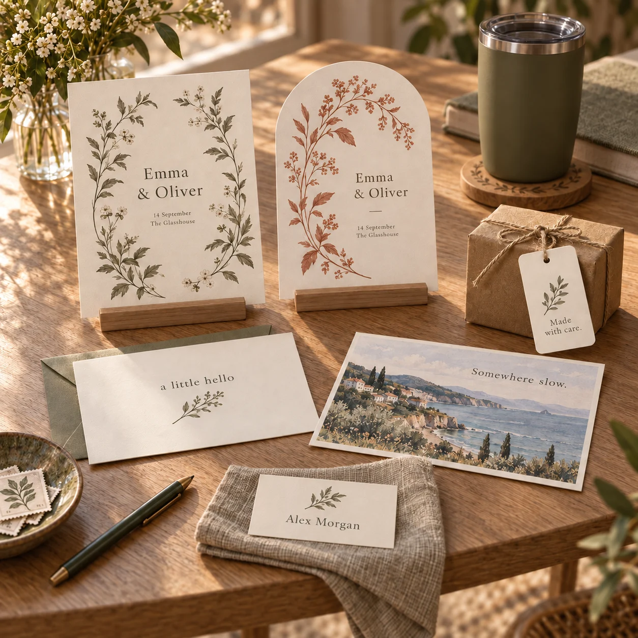 A rectangular invitation, arched invitation, correspondence card, postcard, flat place card and gift tag together on a golden-hour oak display table