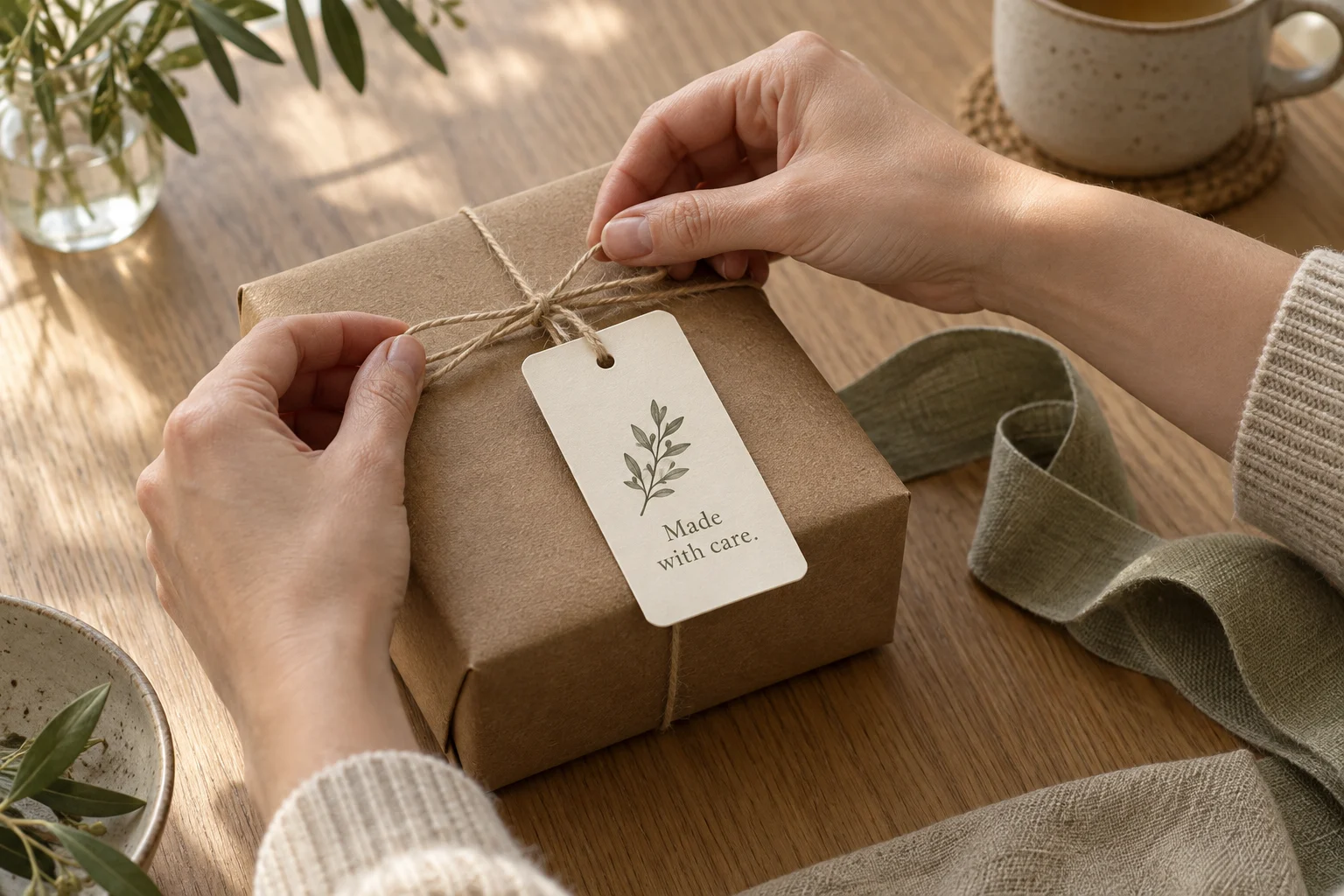 Hands tying a made-with-care gift tag to a kraft-paper present on an oak table