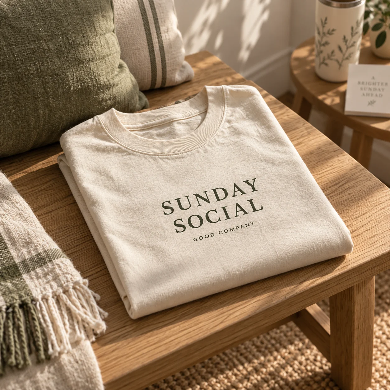 A cream Sunday Social tee folded on an oak bedroom bench in afternoon sunlight