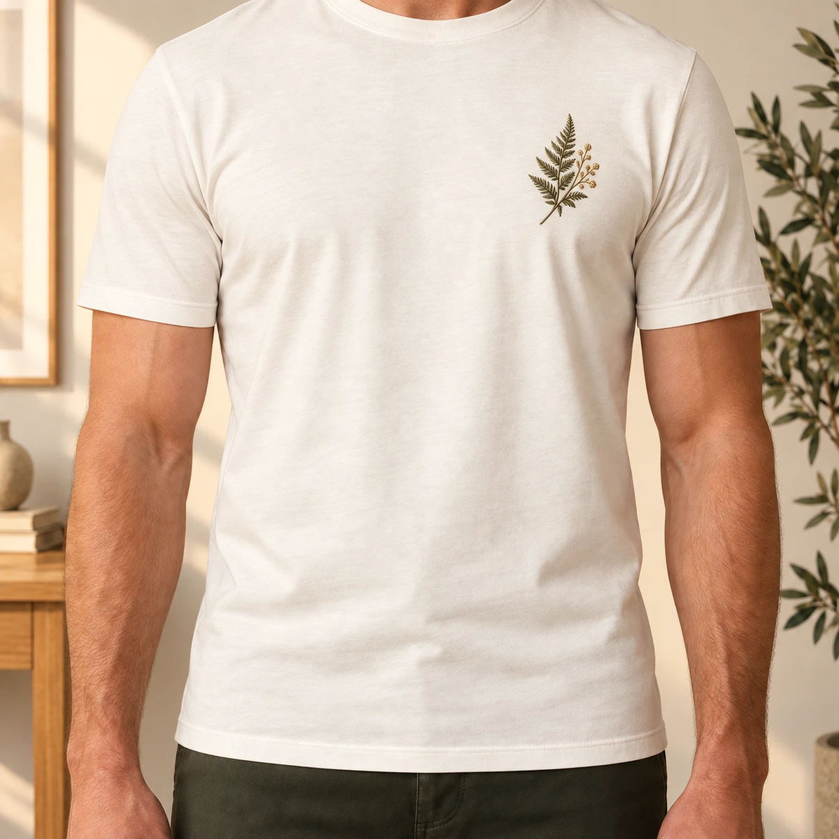 A light-skinned male model wearing a neatly fitted ivory tee with fine olive and gold fern embroidery in a warm oak studio