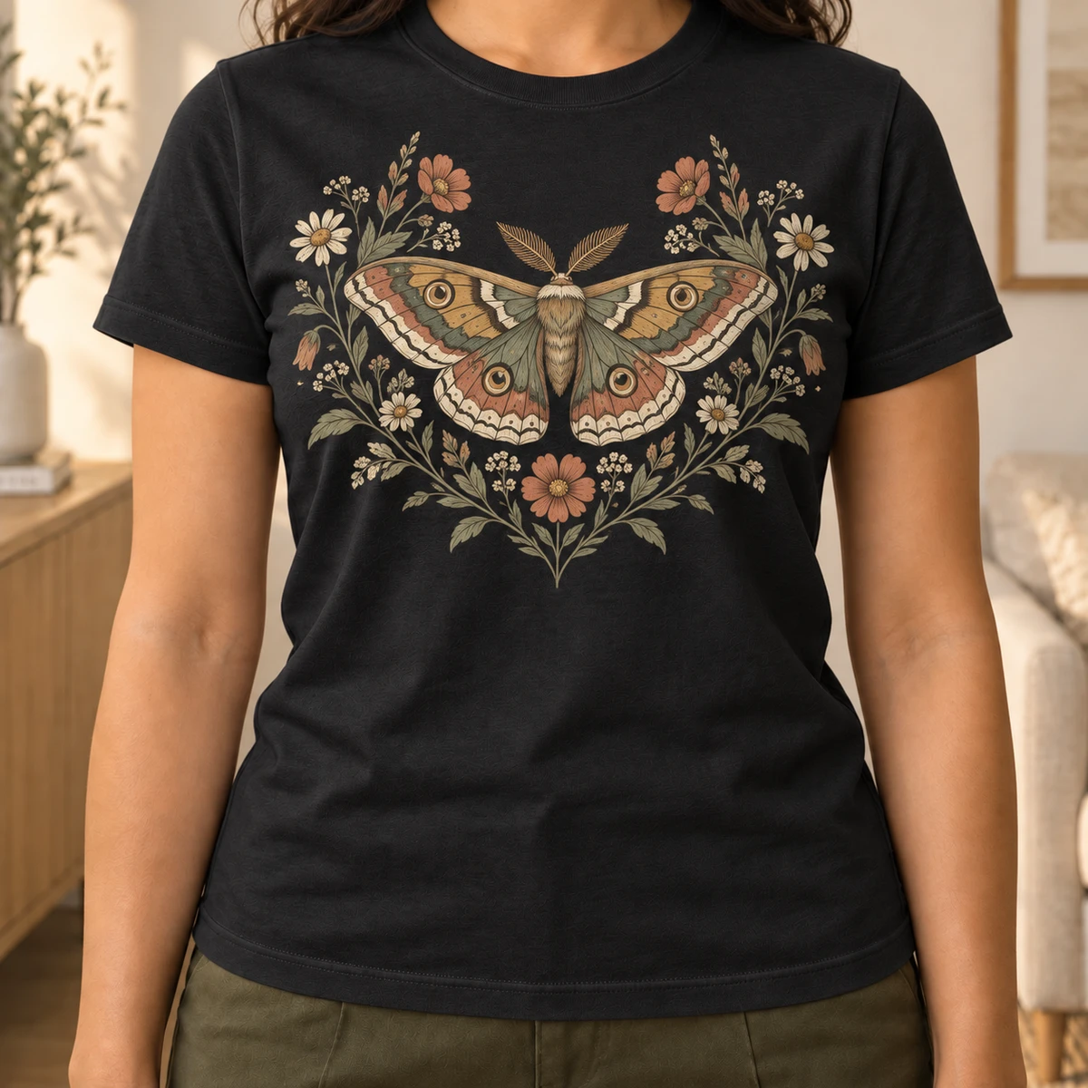 A Latina model wearing a shaped black tee with a detailed moth and wildflower print in a softly lit living room