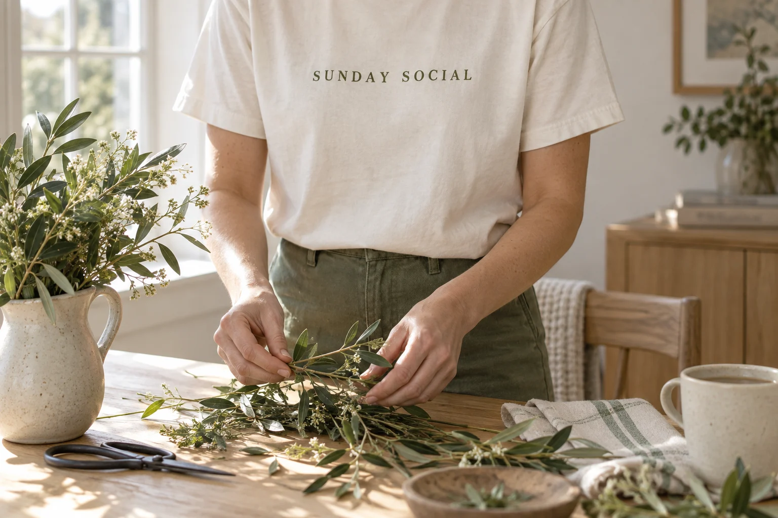 A person wearing a cream Sunday Social tee while arranging stems at a worktable, with only their torso and arms visible