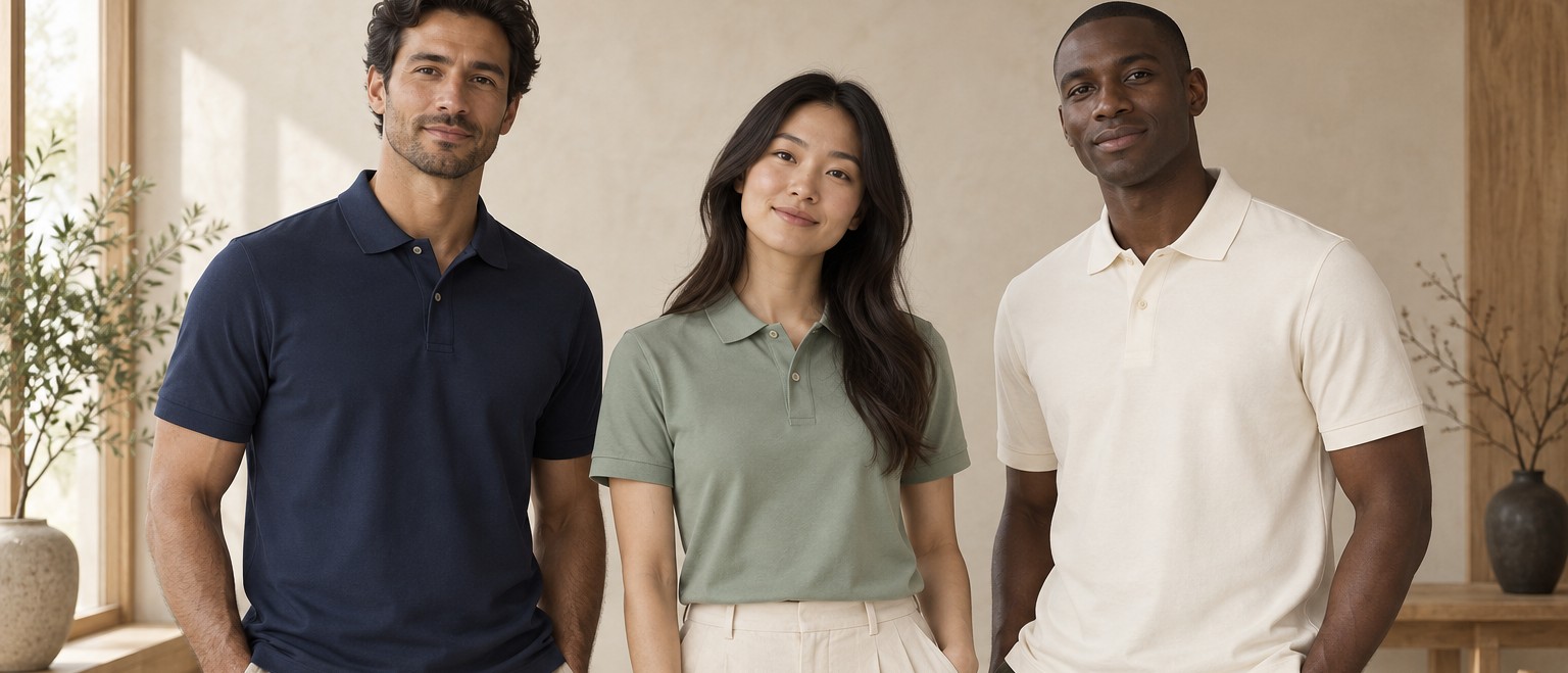 Three people wearing navy, sage and cream polos from our polo catalog
