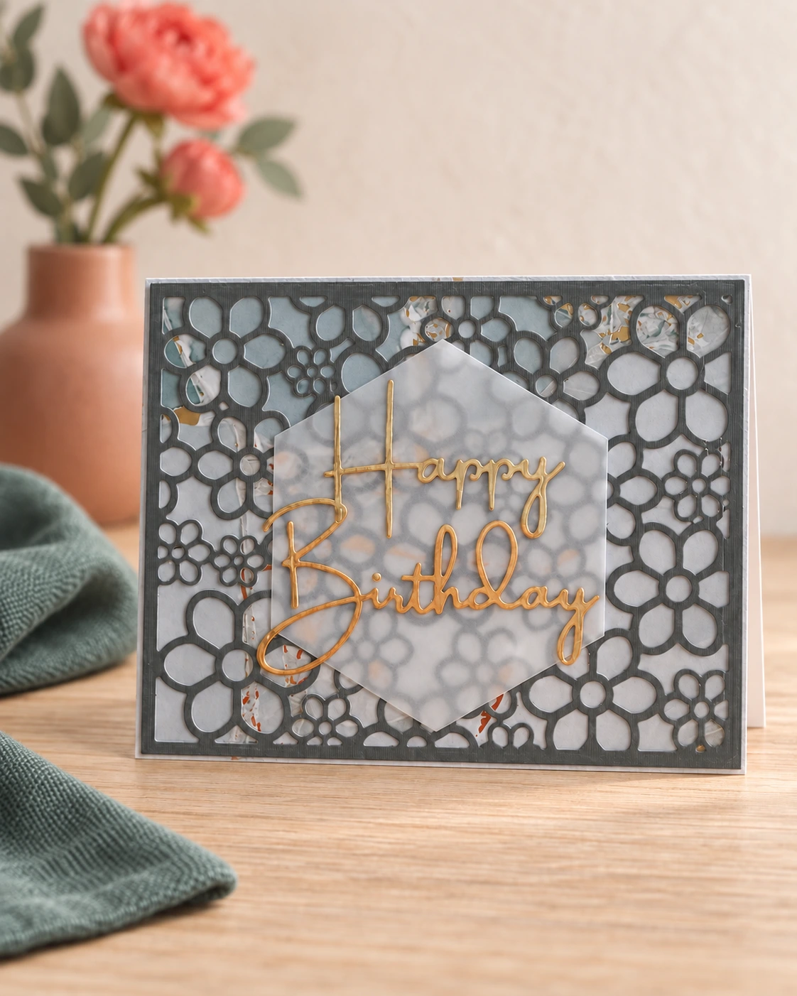 Golden birthday, slate florals handmade greeting card