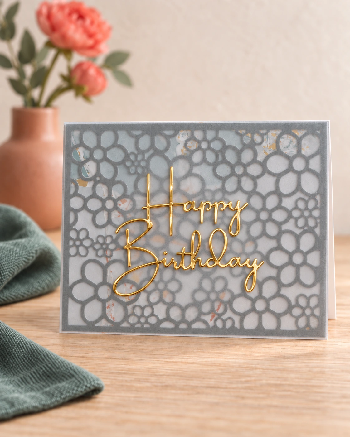 Golden birthday, slate florals handmade greeting card